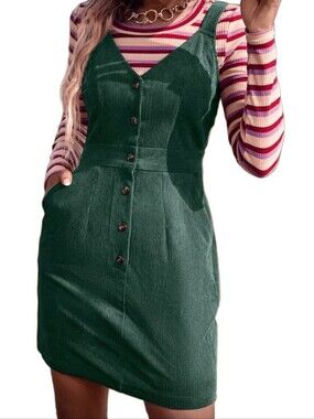 SHEIN Green Corduroy Button-Front Pinafore Dress - Women